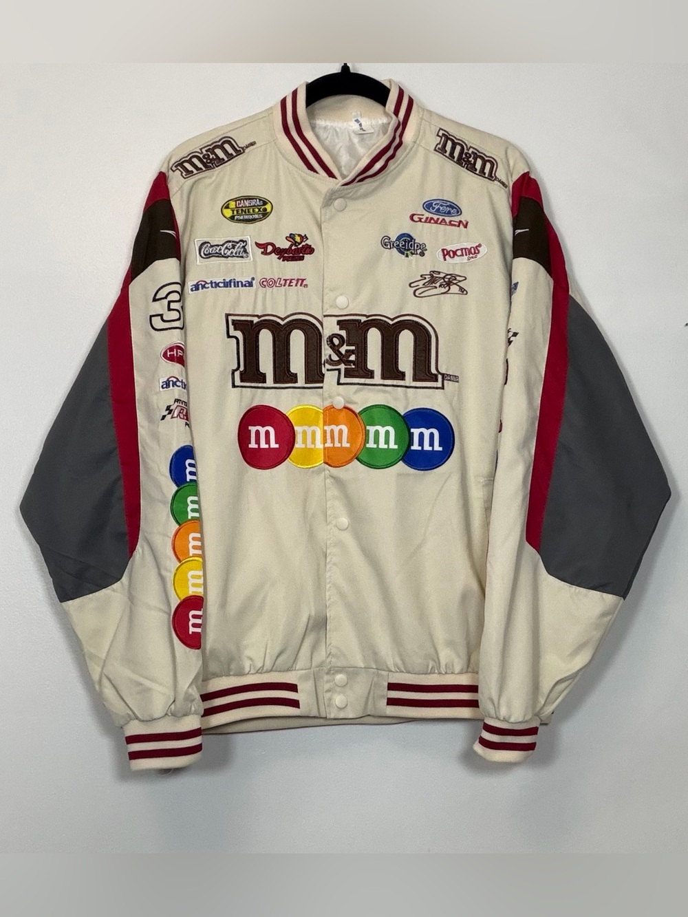 M&M'S Cream Racing-Style Men’s Puffer Jacket with Multicolor Logo
